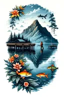 Underwater world with fish, amphibians, flowers, nature, a mountain that is reflected in the water, a jetty with an angler tattoo design idea