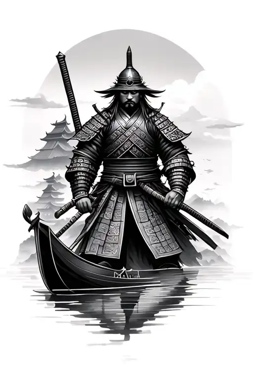 Samurai warrior with sword, and temple behind him, with a boat on a river below tattoo design idea