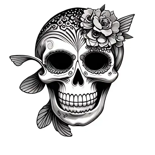 half rainbow trout half smallmouth bass sugar skull tattoo design idea