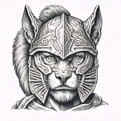 A black and grey portrait of a Spartan soldier with wolf eyes, showing the connection between the warrior and the animal spirit tattoo design idea