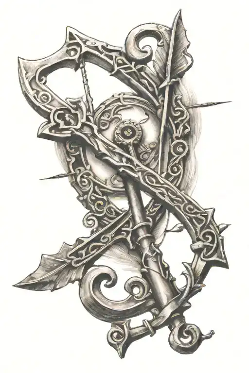 A key with two bow and arrows crossing behind it tattoo design idea