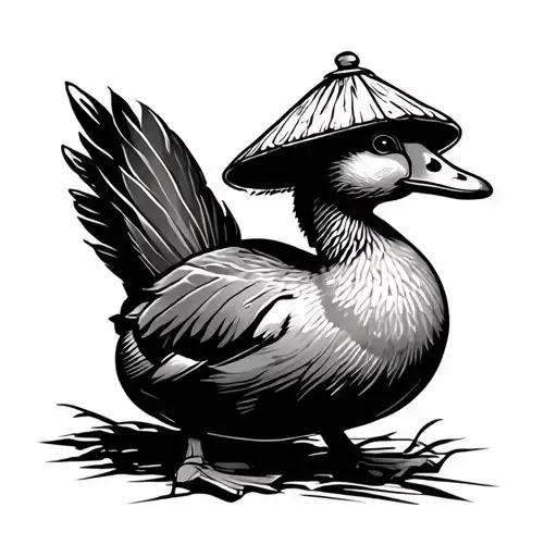 Vietnamese duck standing with rice hat on its head  tattoo design idea