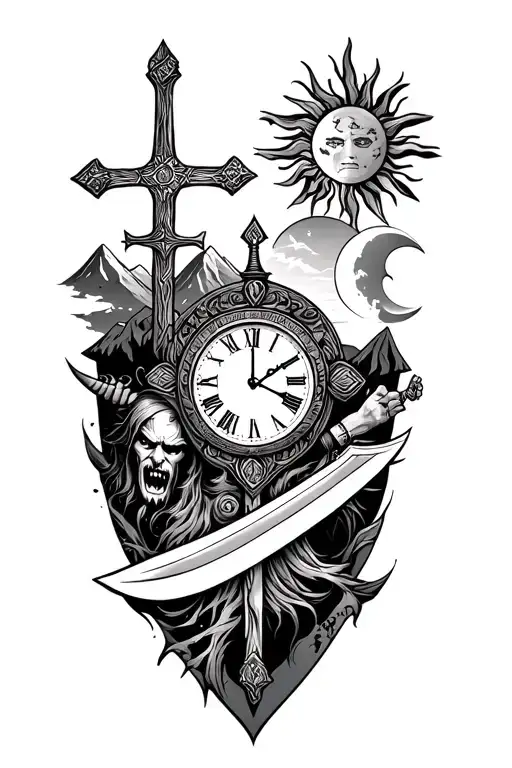 tattoo for upper arm sleeve with picture of clock ,mountains, sun , half-moon, angry hindgod and cross of khukuri sword  tattoo design idea