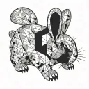 A depressed stuffed rabbit with deep, empty black eyes, its head heavily lowered as if carrying an invisible burden. Its tattoo design idea