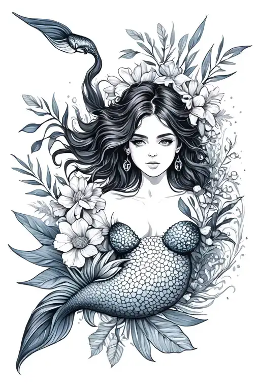 ocean sea creatures floral tropical feminine island mermaids tattoo design idea