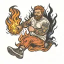 man on fire walking while burning a marshmallow tattoo design idea