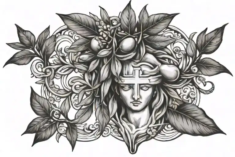 religious symbols with olive branches on chest tattoo design idea