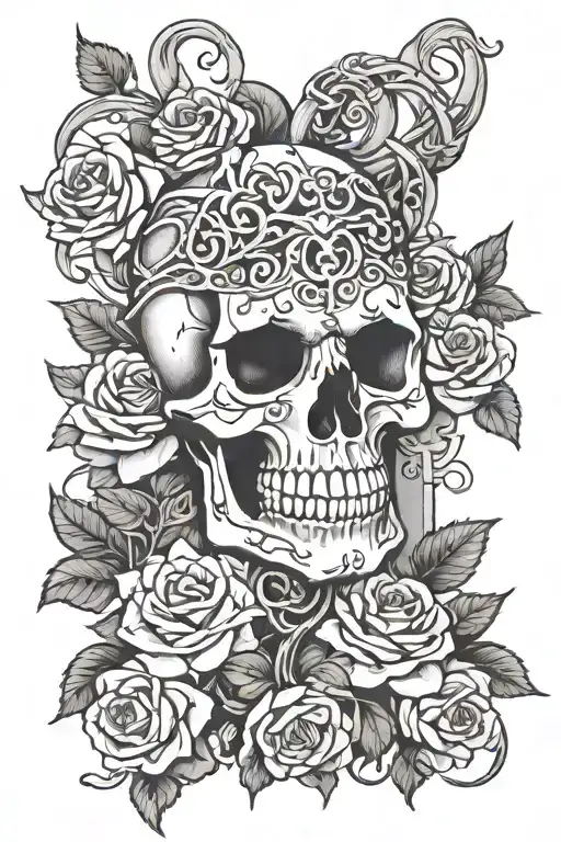Skull and Cross wrapped by snakes and thorned roses tattoo design idea