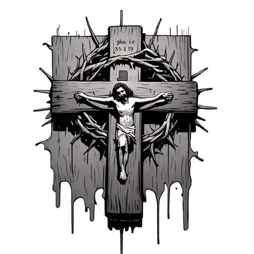 Detailed wooden cross with Jesus’s crown of thorns with “John 15-19” tattoo design idea