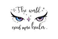 "The world needs more healer" owl eyes staring, stars in owl eyes with mountains tattoo design idea
