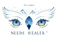"The world needs more healer" owl eyes staring, stars in owl eyes with mountains tattoo design idea