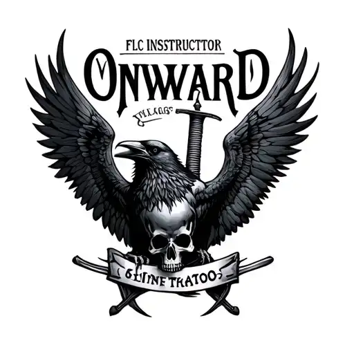 "ONWARD FLC INSTRUCTOR" raven with spread wings, a sword, and skull tattoo design idea