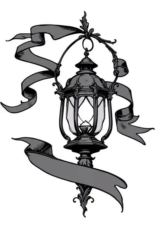 gothic lantern with long ribbon banner across top and bottom tattoo design idea