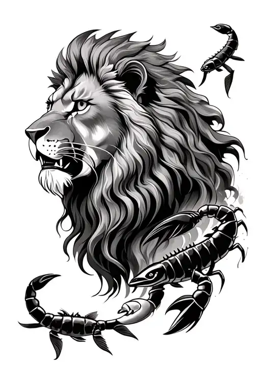 Lion with a scorpion next to him and two fish swimming tattoo design idea