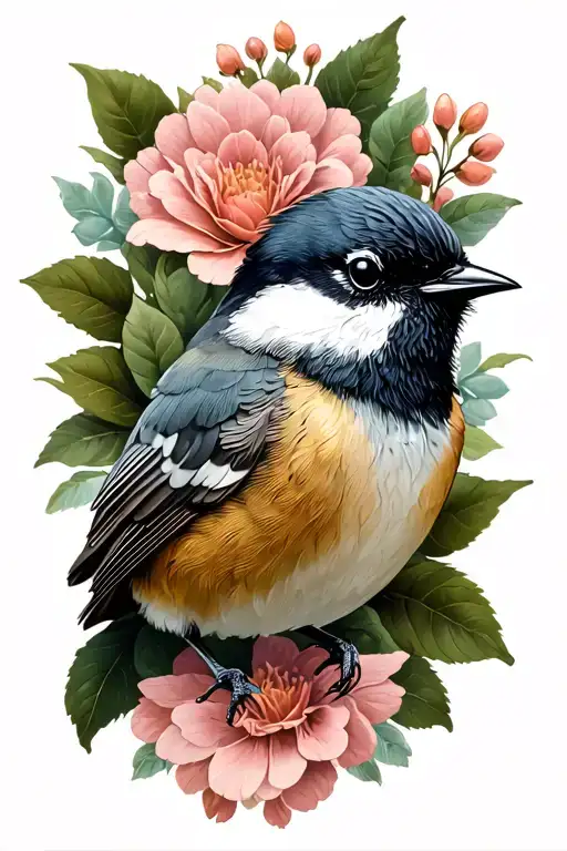 floral lace with chickadee tattoo design idea
