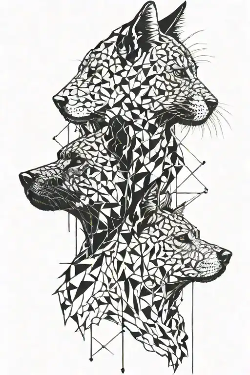 tattoo sketch, two animal prints (cat and dog), black and white watercolor style, connected with lines tattoo design idea