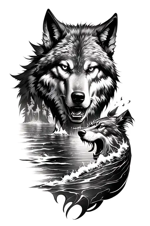 leg tattoo out side warrior face< under hem lights and drakkar in sea, on inner side wolf under forest valkiri and batle tattoo design idea