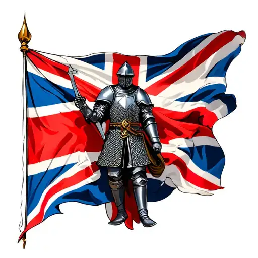 knight in chainmail flying English flag tattoo design idea