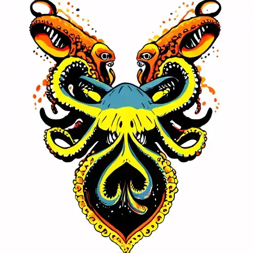 sharks and octopus colorful  tattoo design idea