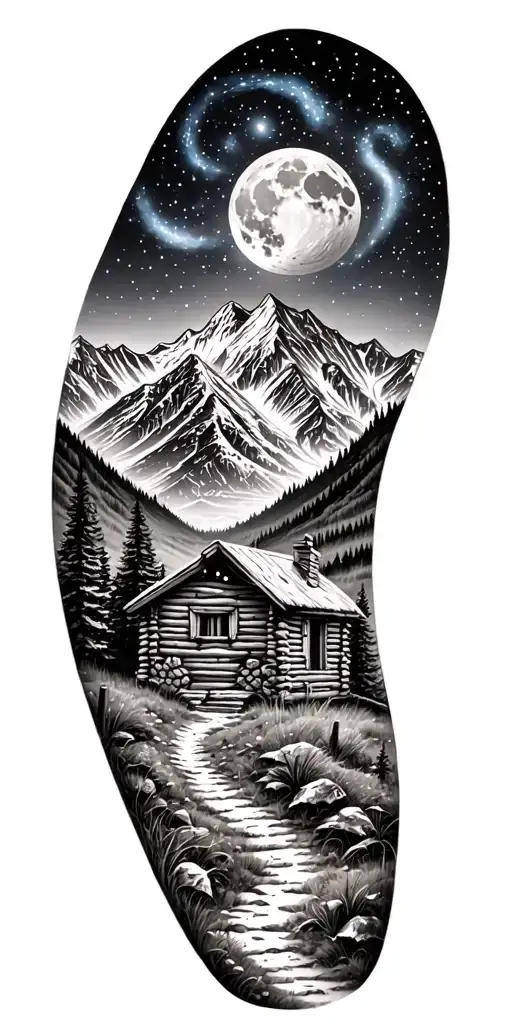 A mountain trail, with a log cabin ahead surrounded by mountains and a starry sky and make the moon blue tattoo design idea