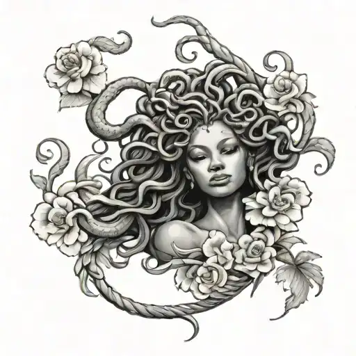 African American medusa surrounded by snakes and flowers growing tattoo design idea