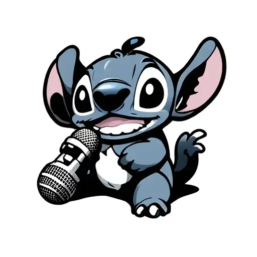 generate a tattoo stencil of cute cartoon stitch singing with a mic in his hand tattoo design idea