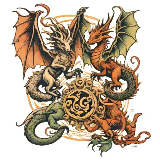 2 dragons flying 2 ox's a rabbit and mythical god tattoo design idea