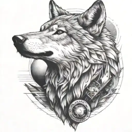 alpha wolf, space theme tattoo design idea