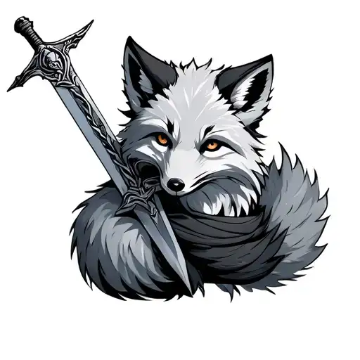 Arctic fox with tail wrapped around sword tattoo design idea