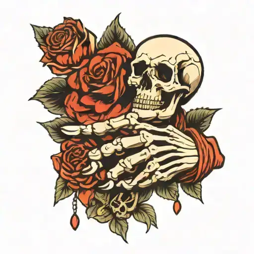 skeleton hand holding mini skull tattoo design idea