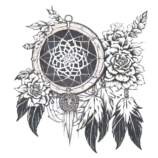 dream catcher with pentagon and sagitarios sign incorporated tattoo design idea
