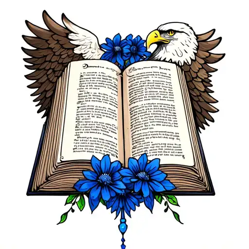 a open bible book with blue karrnations at the bottom and eagle wings on each side of the book  tattoo design idea