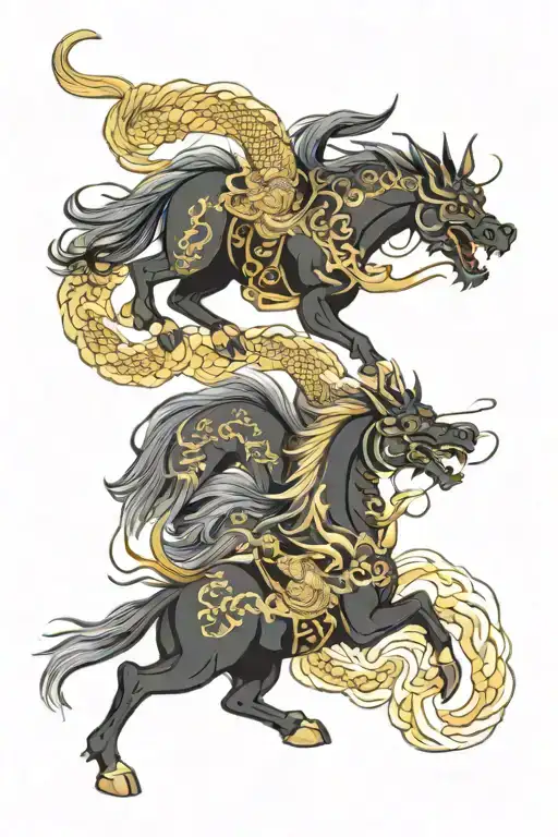 wood horse and gold dragon wrapped tattoo design idea