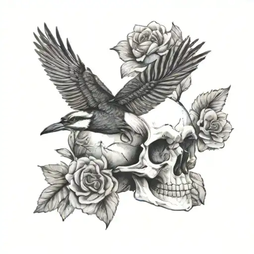 skull, woodpecker, flowers tattoo design idea