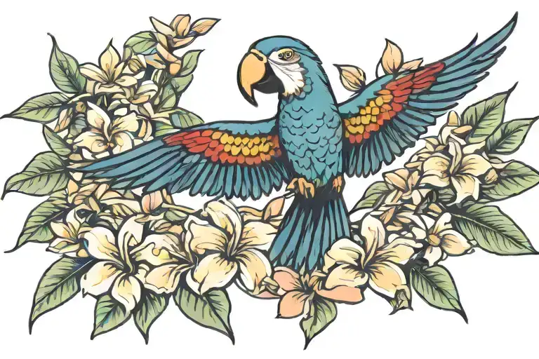 frangipani macaw flying away tattoo design idea