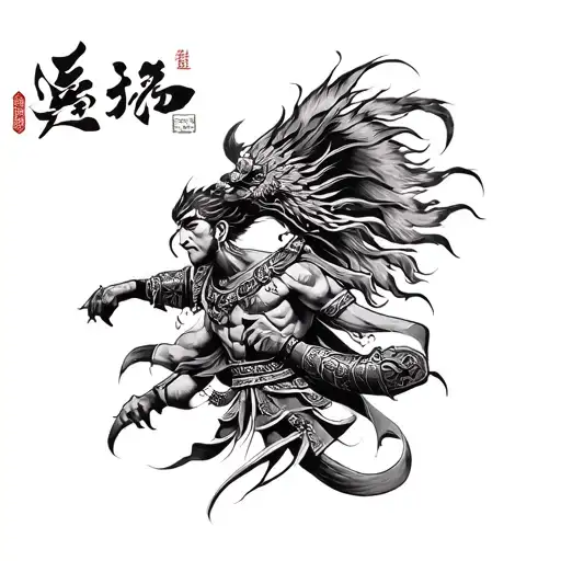 arm covering tattoo with warrior and chinese script tattoo design idea