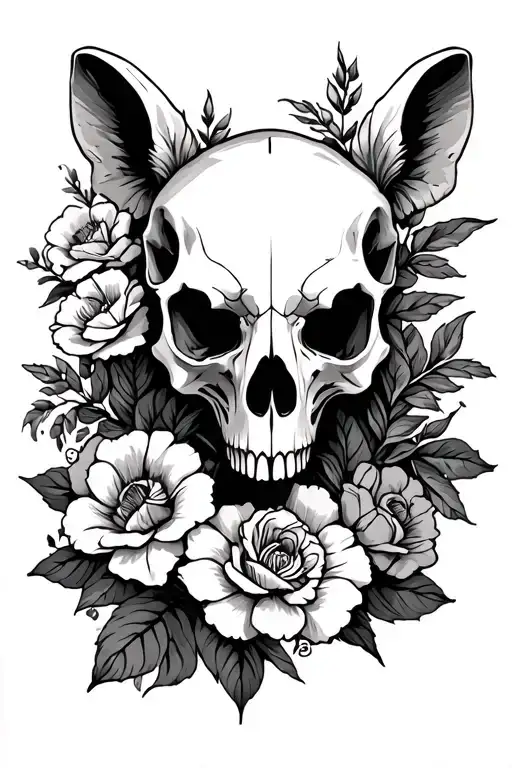 floral sleeve with animal skull tattoo design idea