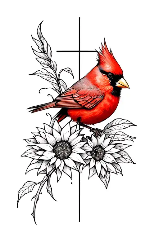 cross with sunflower and red cardinal bird tattoo design idea