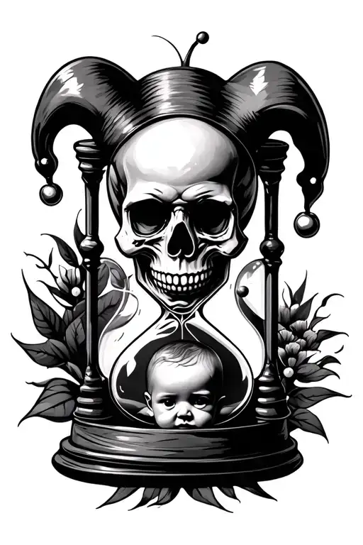 jester skull in hourglass over baby fetus tattoo design idea