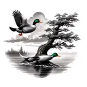 make a realistic forearm tattoo with two ducks on the left side flying with a tree on the right side with clouds above t tattoo design idea