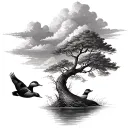 make a realistic forearm tattoo with two ducks on the left side flying with a tree on the right side with clouds above t tattoo design idea