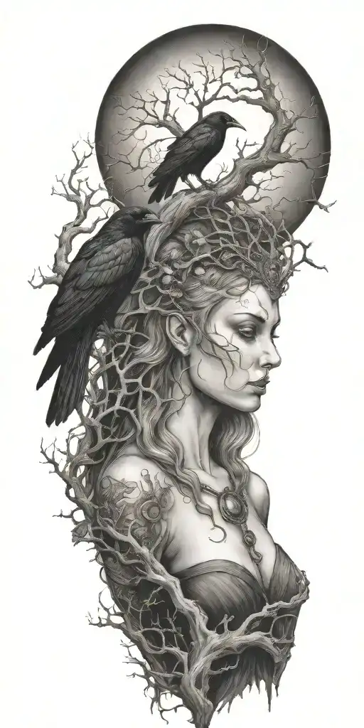 the morrigan Irish goddess with crows an old oak tree growing and bright moonlight tattoo design idea
