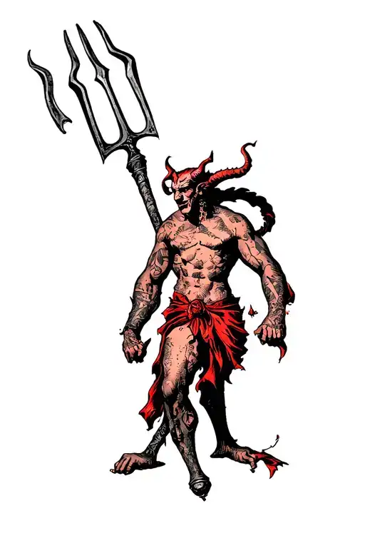 devil with pitchfork half sleeve old school style tattoo design idea