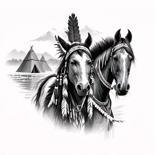 native American, horses moutains, rivers, tepees, realistic tattoo design idea