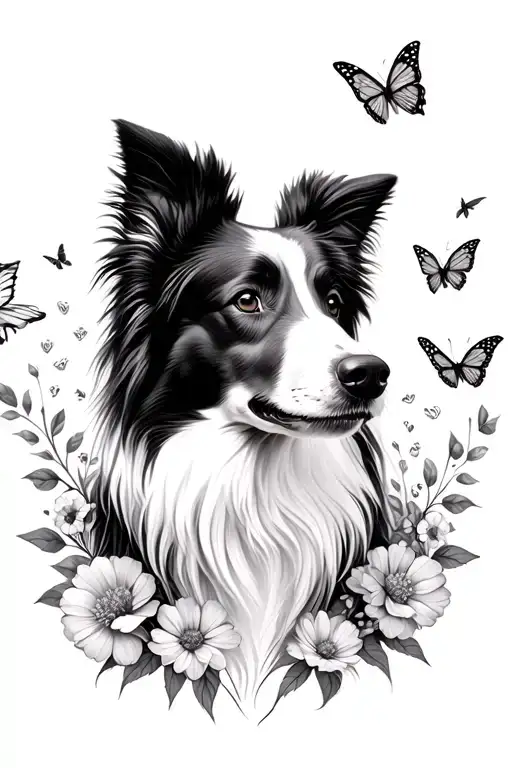 border collie face with flowers and butterflies flying tattoo design idea