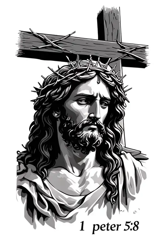 "1 peter 5:8" Jesus on the cross with crown made of thorns. tattoo design idea
