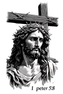 "1 peter 5:8" Jesus on the cross with crown made of thorns. tattoo design idea