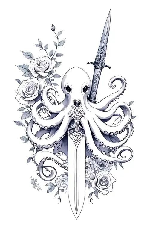 octopus and dagger and roses tattoo design idea