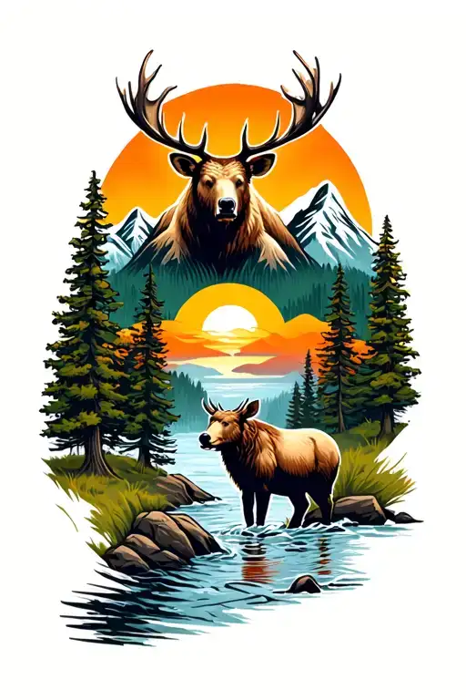 elk mountains stream bear trees colors sunset tattoo design idea