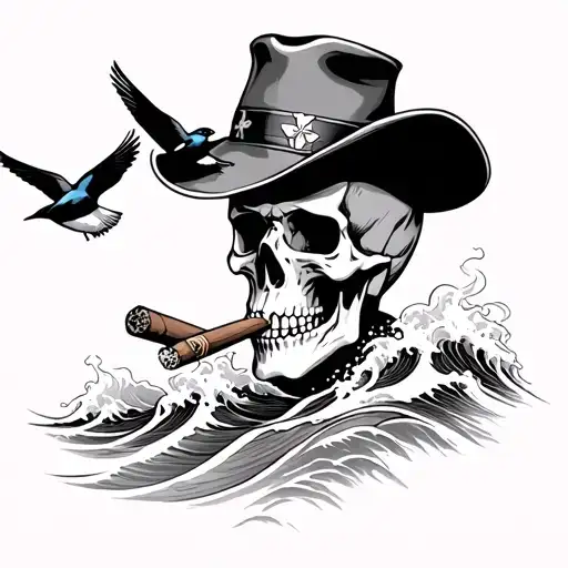 skull smoking a cigar with a Dixie cup hat surrounded with waves and 2 barn swallows tattoo design idea